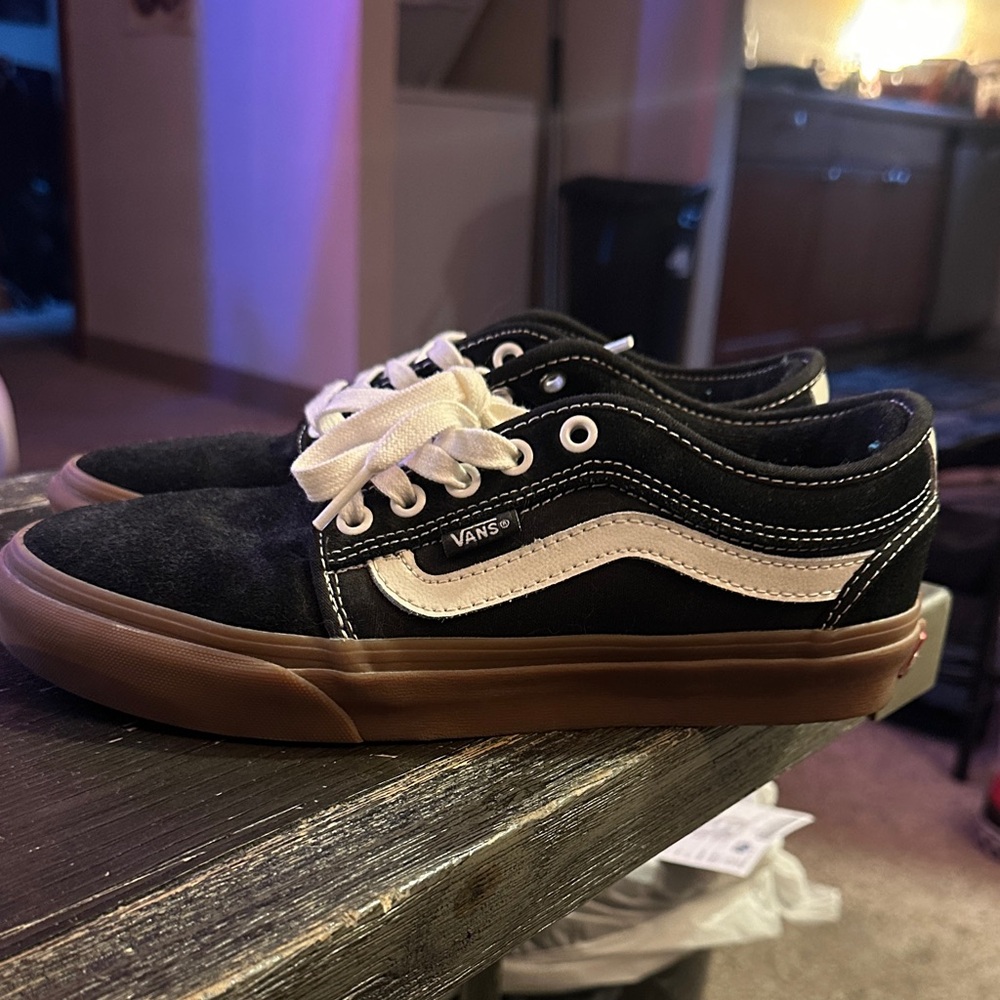 Vans Black and White Canvas Shoes with Brown Sole